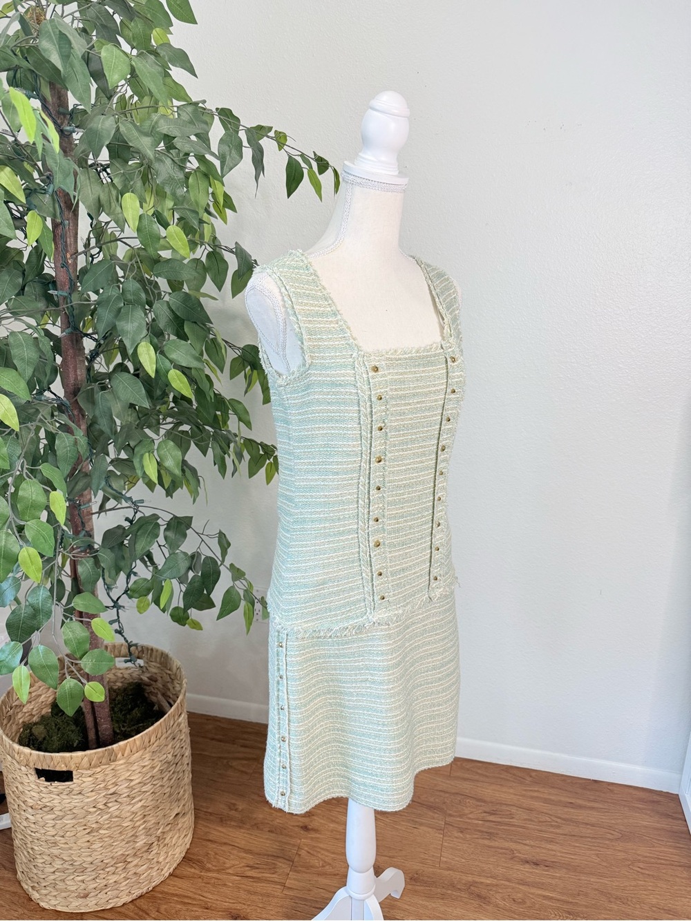 Zara Tweed Mini Dress Size Medium Mint Green White Gold - Picture 5 of 11